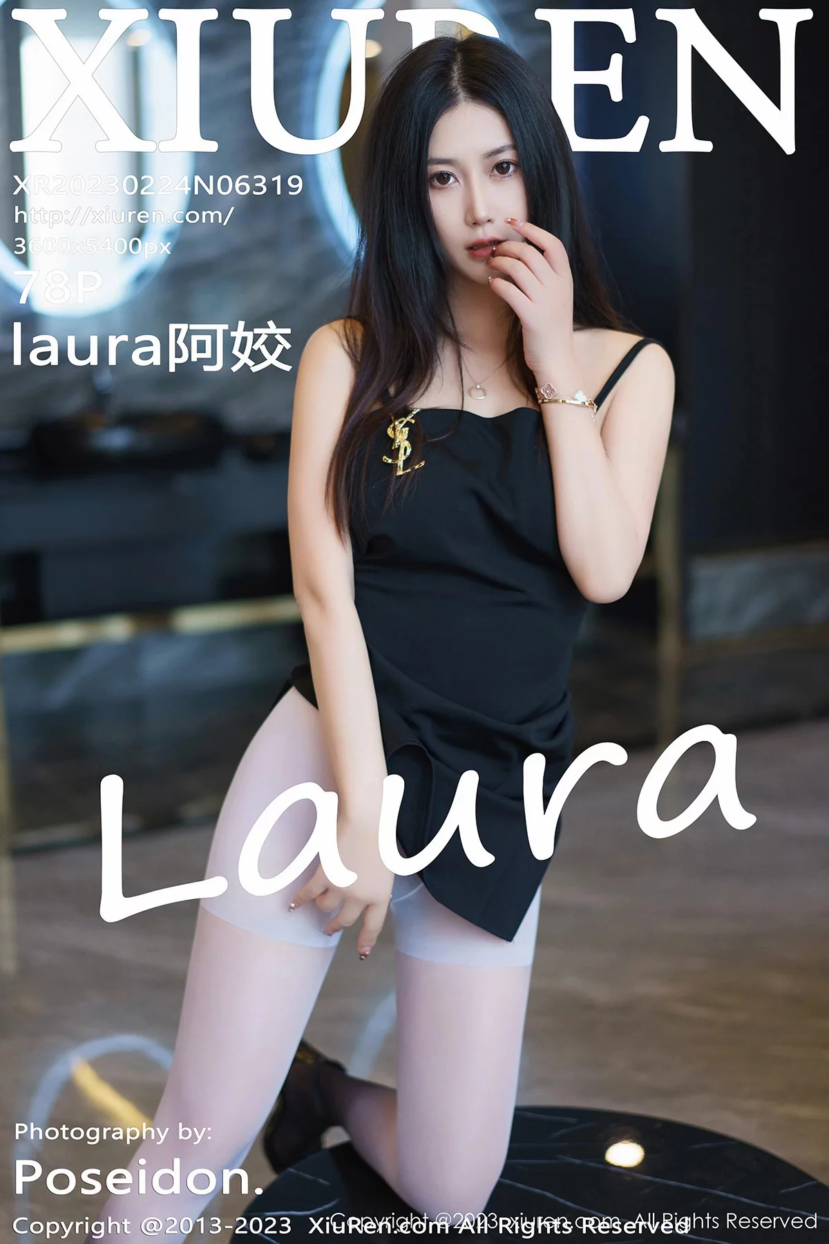 Xgyw.Org_XiuRen第6319期_模特laura阿姣黑色吊带连衣短裙配渐变丝袜秀完美身材诱惑写真78P