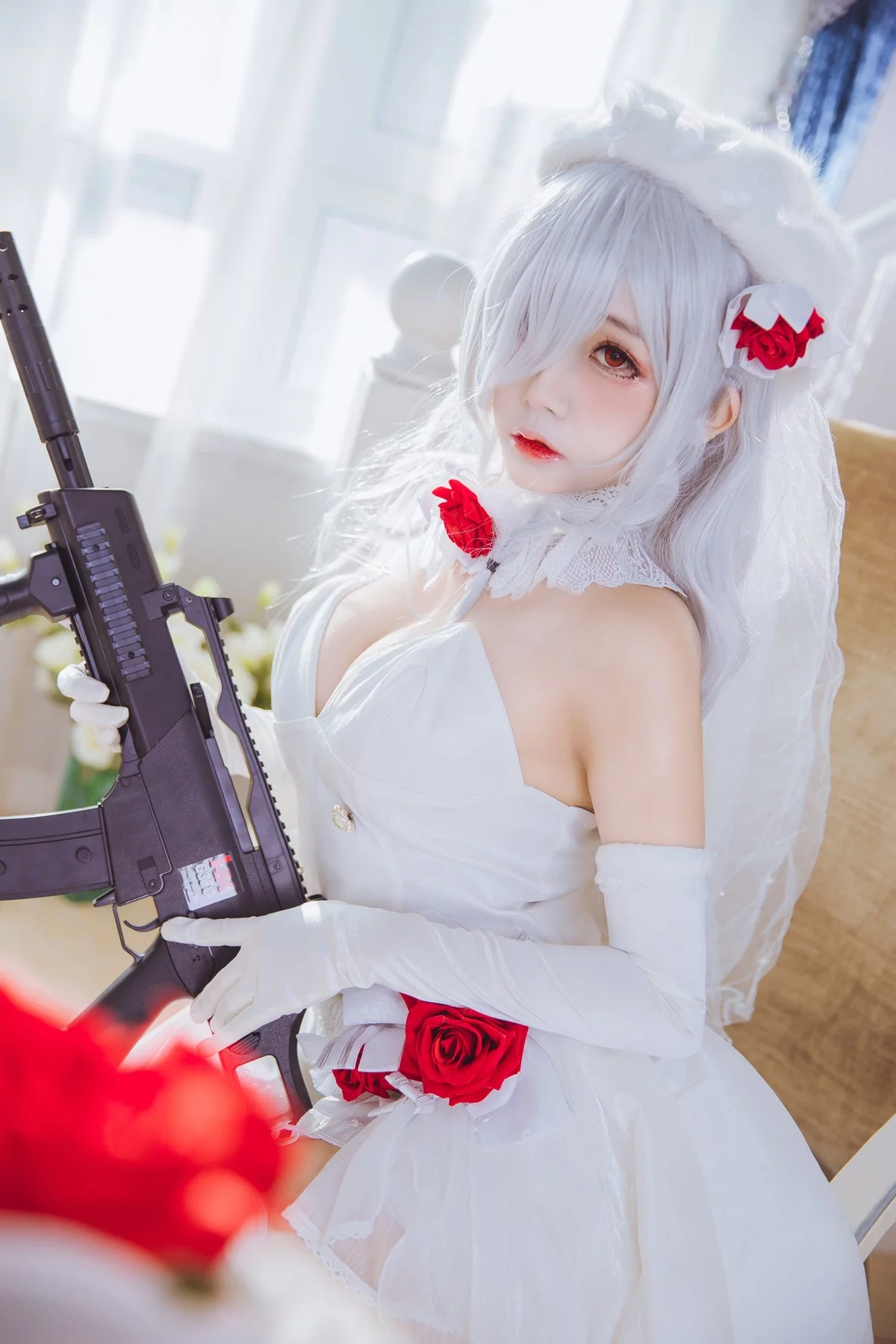 Xgyw.Org_Cosplay美女日奈娇G36C礼服主题性感白色礼裙配白色蕾丝吊袜秀美腿诱惑写真40P