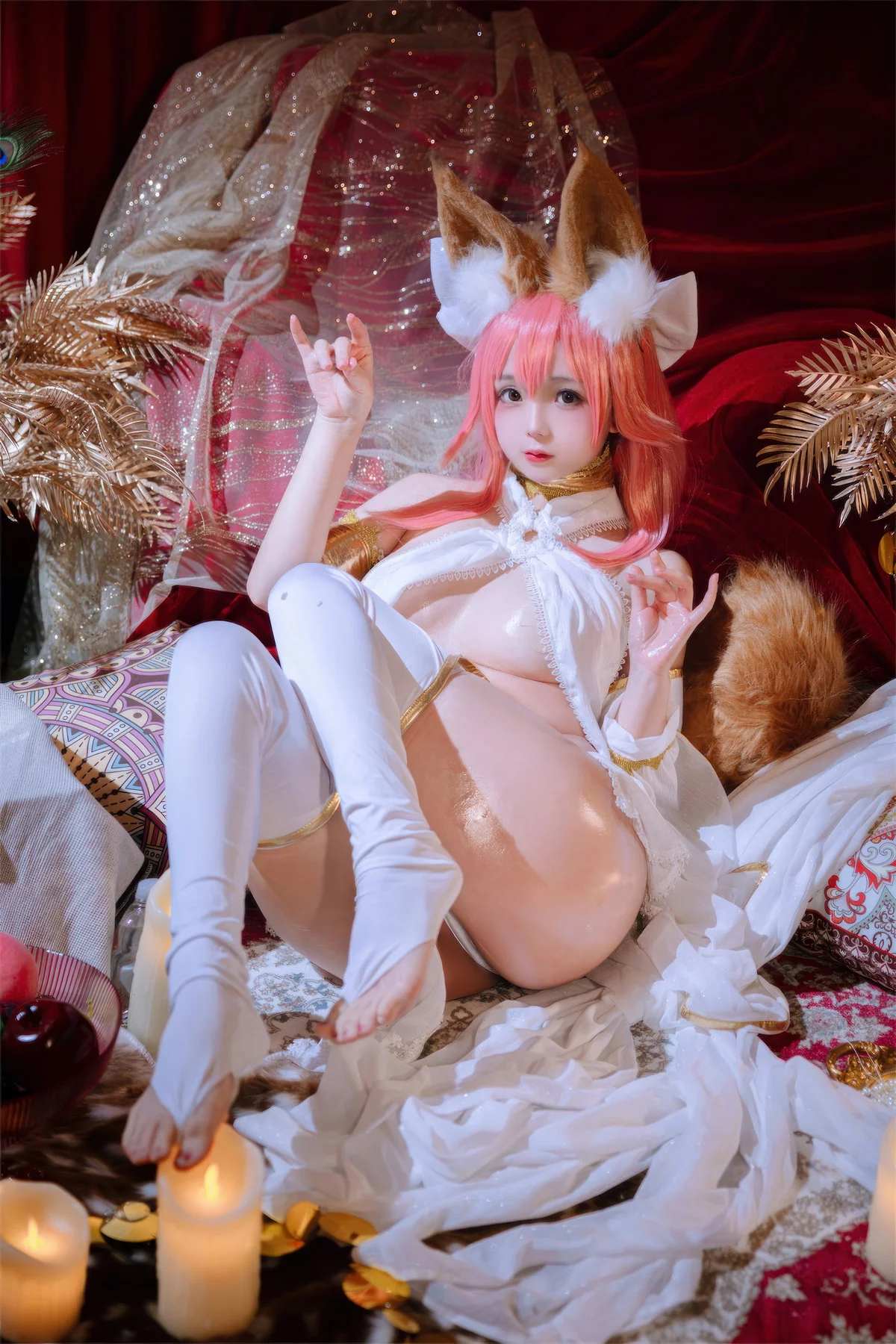 Xgyw.Org_Cosplay美女日奈娇玉藻前舞娘主题性感白色薄纱情趣服饰露油亮肌肤惹火诱惑写真54P